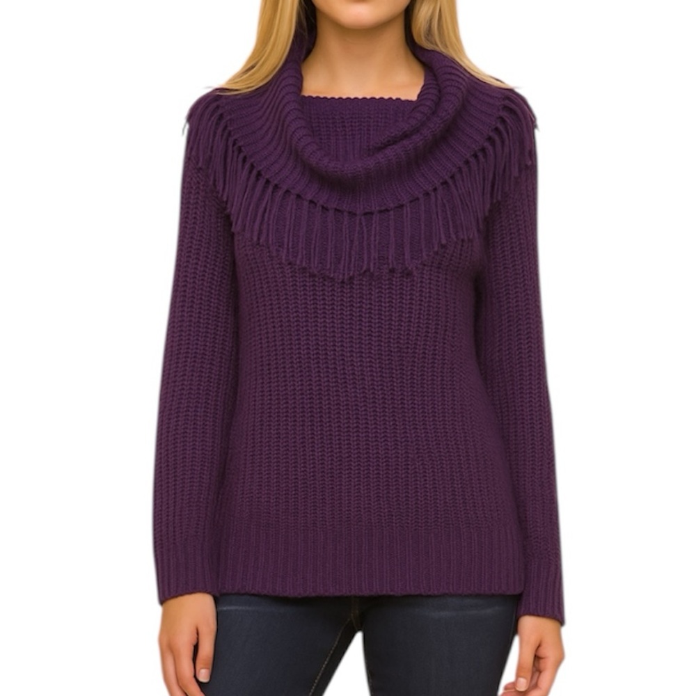 Chico's Women's Pullover Cowl Neck Kyra Fringe Sweater Size 2 Purple